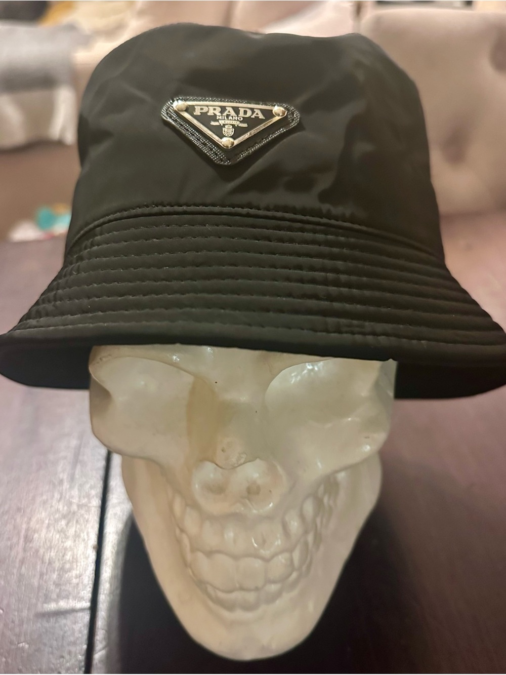 Prada Black Nylon Bucket Hat with Logo Plaque
